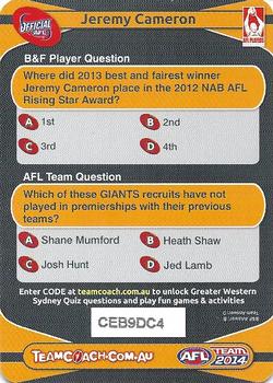 2014 Team Zone AFL Team - Best & Fairest Quiz (Herald Sun) #9 Jeremy Cameron Back